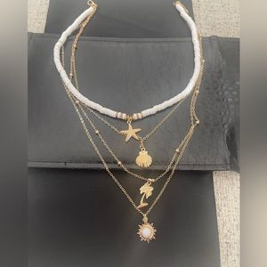 Gold Tone and White Layered Necklace - Beach Theme. One Puece - NWT